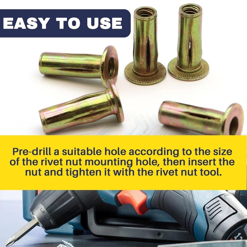 Terixe 50 Pack 1/4-20 Multi-Grip Rivet Nuts - Zinc-Plated Steel Construction Fasteners - Pre-Bulbed Shank - Flat Head Threaded Insert Plus Nut - Ideal for Household Items, Automobiles - Image 4